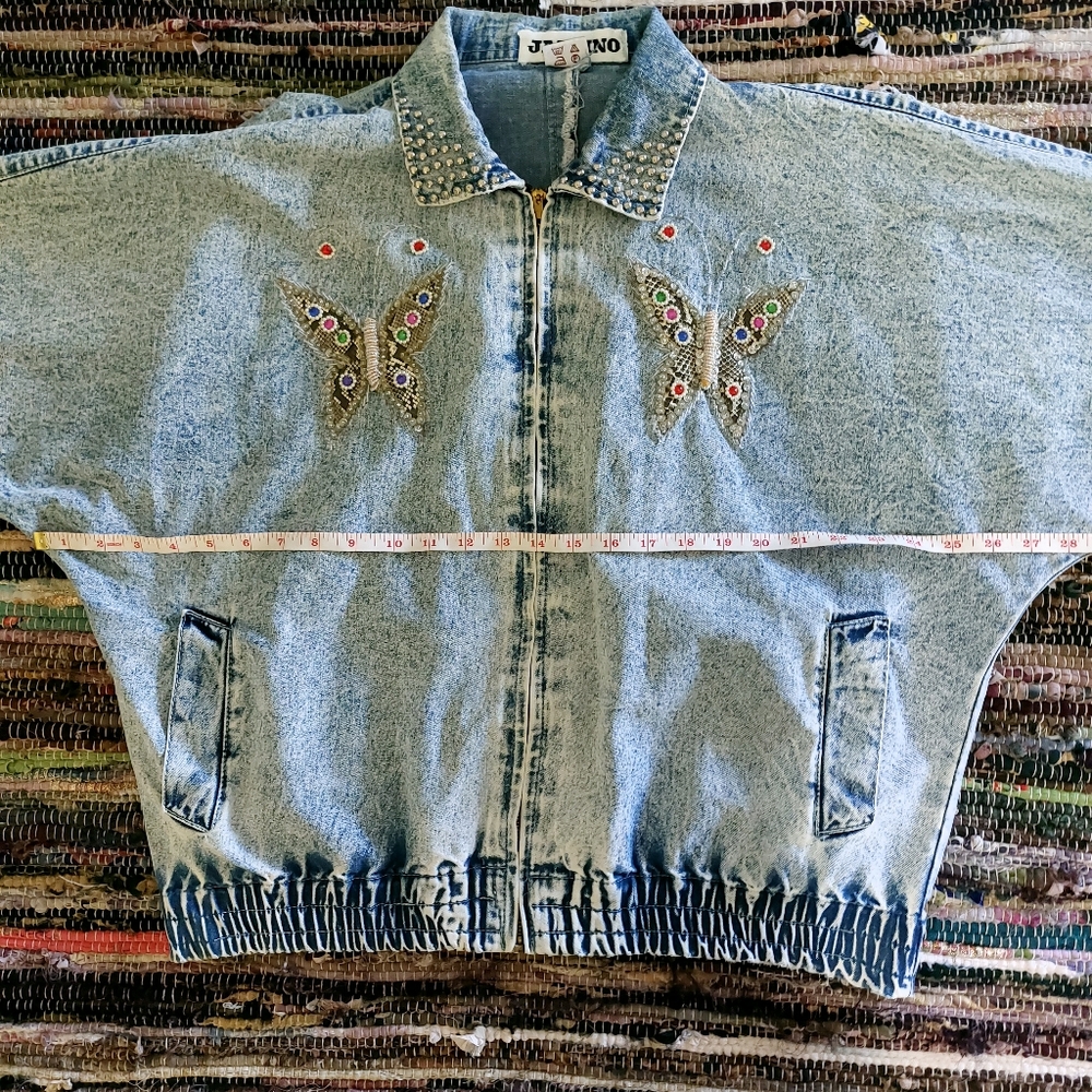 Vintage 80s Jazzino Acid Wash Butterfly Beaded Studded Collar Denim Jean Jacket - Picture 11 of 15
